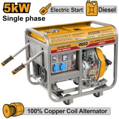 Generator de curent 5 kw motor diesel, 9 cp, aparat portabil de curent pentru santier sau uz casnic - Ingco GDE50001
