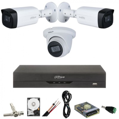 Sistem de supraveghere Dahua cu 3 camere 5MP, 2 exterior IR 80m, 1 interior,IR 30M, Starlight, DVR Dahua 4 canale, 5 MP, Hard, Accesorii incluse Safet foto