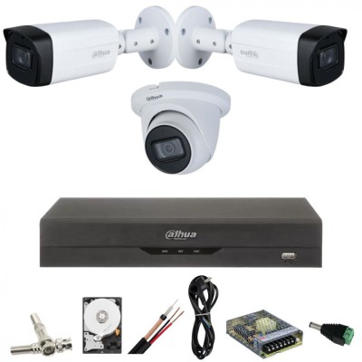 Sistem de supraveghere Dahua cu 3 camere 5 MP, 2 exterior IR 80m, 1 interior,IR 30M, Starlight, DVR Dahua 4 canale, 5 MP, Hard, Accesorii incluse Safe foto