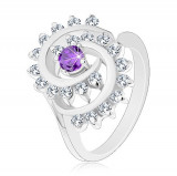 Inel de culoare argintie, spirală mare din zirconii transparente cu centru violet - Marime inel: 51