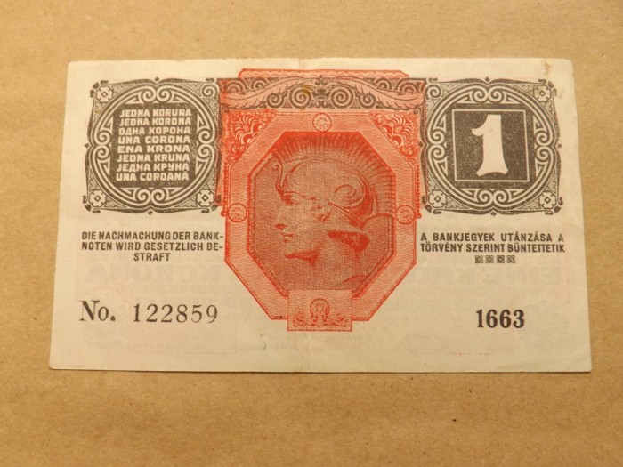 Austria 1 krone 1916 ( 1919 ) - Supratipar negru &#039;&#039; DEUTSCHOSTERREICH &#039;&#039;, Serie 1663 / 122859