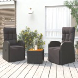 vidaXL Set șezlonguri grădină, 3 piese, negru, poliratan&amp;lemn acacia