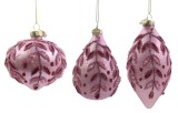 Set 6 globuri brad Craciun sticla roz Leafdots 7x7x11h; 8x8x9,2h; 6,5x6,5x13,5h
