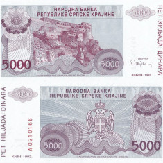 1993, 5.000 dinara (P-R20a) - Republica Sârbă Krajina (Croația) - stare UNC!