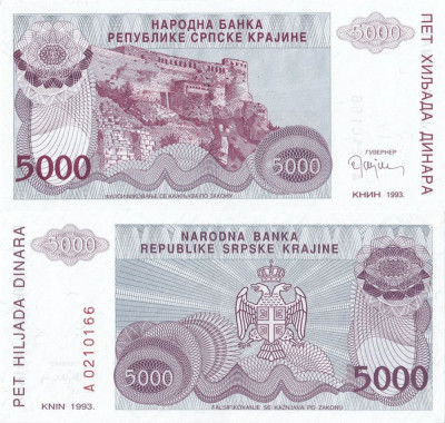 1993, 5.000 dinara (P-R20a) - Republica S&amp;acirc;rbă Krajina (Croația) - stare UNC! foto