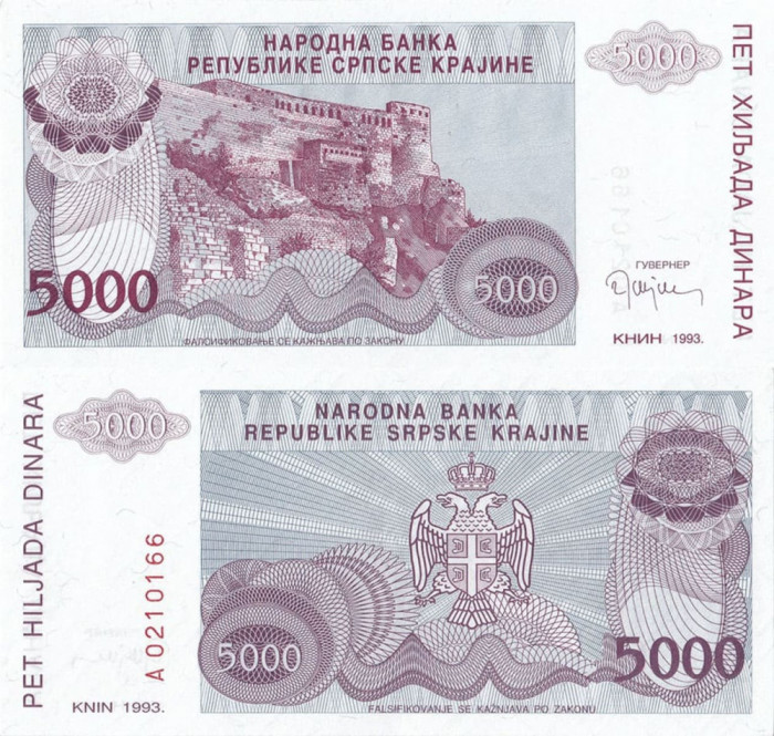 1993, 5.000 dinara (P-R20a) - Republica S&acirc;rbă Krajina (Croația) - stare UNC!