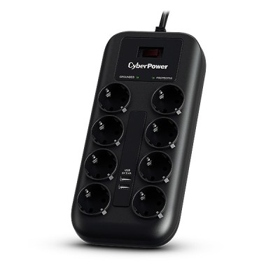 PRELUNGITOR CYBER POWER, Schuko x 8, conectare prin Schuko (T), USB x 2, cablu 1.8 m, 10 A, protectie supratensiune, negru, &amp;quot;P0820SUF0-DE&amp;quot; (timbru ver foto