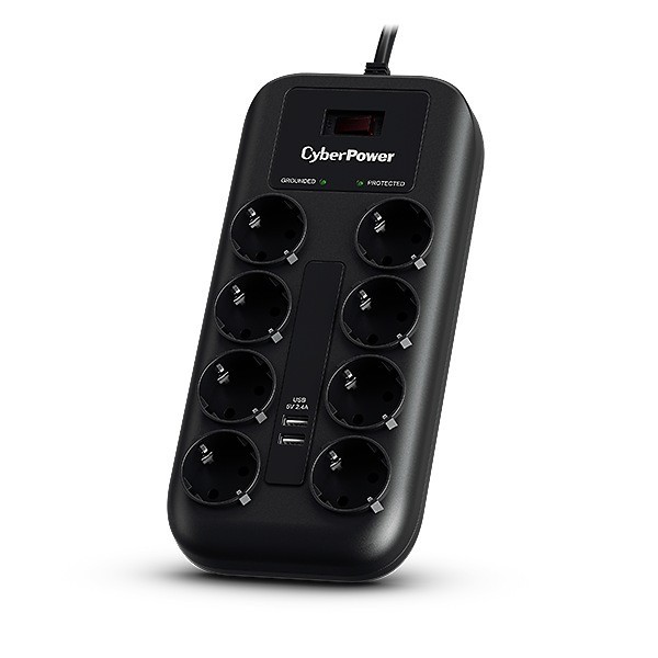 PRELUNGITOR CYBER POWER, Schuko x 8, conectare prin Schuko (T), USB x 2, cablu 1.8 m, 10 A, protectie supratensiune, negru, &quot;P0820SUF0-DE&quot; (timbru ver