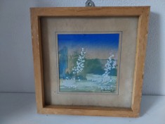 Tablou peisaj natura, 1989, semnat, tehnica mixta, 22x22cm, rama lemn