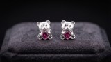 Cercei din Argint 925 in Forma de Ursulet cu Inima din Zirconiu Roz Fuchsia