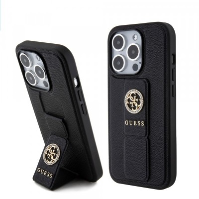 Husa pentru Apple iPhone 15 Pro Max, Guess, Grip Stand 4G Saffiano Strass, Neagra foto