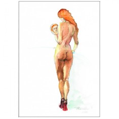 E160. Tablou, Nud la oglinda, 2020, tehnici mixte pe hartie, inramat, 42x32 cm