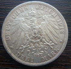 (A706) MONEDA DIN ARGINT GERMANIA, PRUSIA - 3 MARK 1912, LIT. A, WILHELM II foto