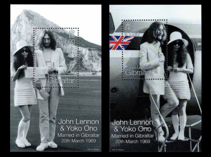 ✅(C41) Gibraltar 1999 &quot;John Lennon &amp; Yoko/20 martie 1969&quot;, 2 &pound; , set colite Mi. 878/879 ,bloc 36+37,MNH