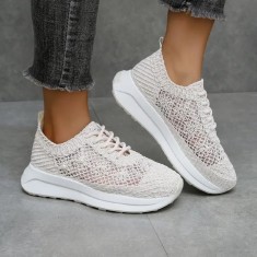 Sneakers cu dantela si perle decorative, Bej - 36