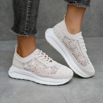 Sneakers cu dantela si perle decorative, Bej - 38 foto