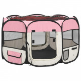 Țarc joacă pliabil c&acirc;ini cu sac de transport roz 110x110x58 cm