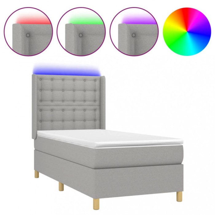 Pat cu arcuri, saltea si LED, gri deschis, 90x200 cm, textil