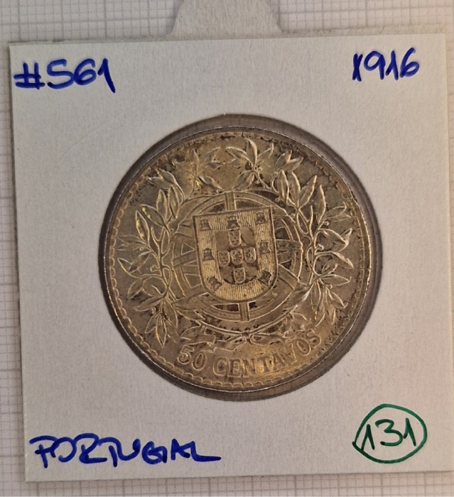 Portugal ,Portugalia, 50 centavos 1916, Argint, KM#561, Republica , stare buna