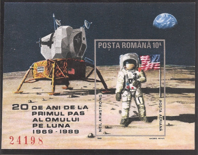 RO 1989, LP.1229 - 20 ani de la primul pas pe Luna, colita ndt. MNH foto