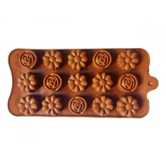 Forma silicon pentru bomboane, 15 cavitati, Flori, Maro, 21 cm, 258COF