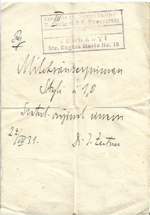 A3762N Rețetă magistrală cu antet Farmacia La &icirc;ngerul păzitor, 1931, Cernăuți