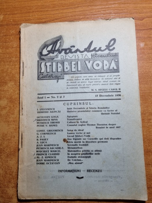 revista avantul, liceul stirbei voda calarasi 15 decembrie 1938-octavian goga