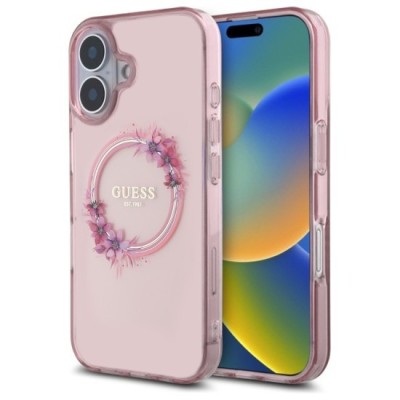 Husa pentru iPhone 16 - Guess IML Flowers Wreath MagSafe (GUHMP16SHFWFCP) - Pink foto