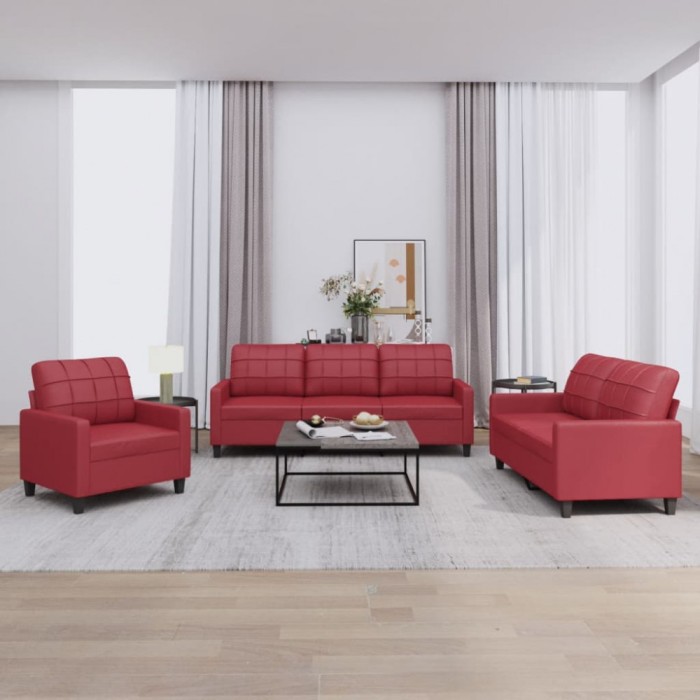 vidaXL Set de canapele cu perne, 3 piese, roșu vin, piele ecologică 3201341