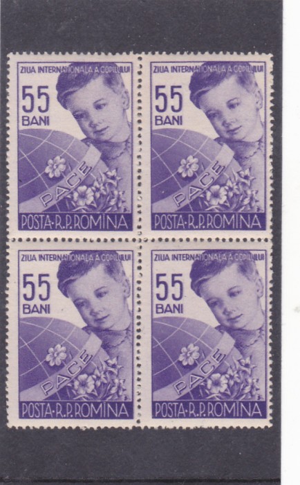 ROMANIA 1956 - ZIUA INTERNATIONALA A COPILULUI - MNH - LP 406, BLOC DE 4 TIMBRE