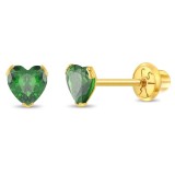 Cercei Aur 14K Copii, model Birthstone (zi nastere mai), forma Inima cu Piatra CZ Green
