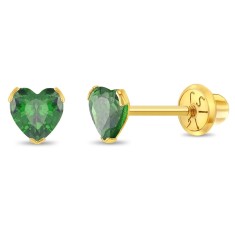 Cercei Aur 14K Copii, model Birthstone (zi nastere mai), forma Inima cu Piatra CZ Green