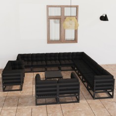 vidaXL Set mobilier de grădină cu perne14 piese, negru, lemn masiv pin 3077023