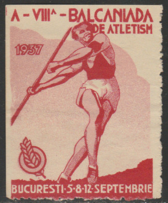 1937 Romania - Vigneta Balcaniada de Atletism Bucuresti, vinieta ndt 2 laturi foto