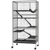 PawHut Colivie pentru Rozătoare cu 4 Intrări Multi-Nivel cu Hamac, Cușcă Metalică &amp; PP, 80x52x159 cm, Argintiu și Negru | Aosom Romania