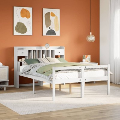 vidaXL Pat cu bibliotecă fără saltea, alb, 150x200 cm, lemn masiv pin 3322058 foto