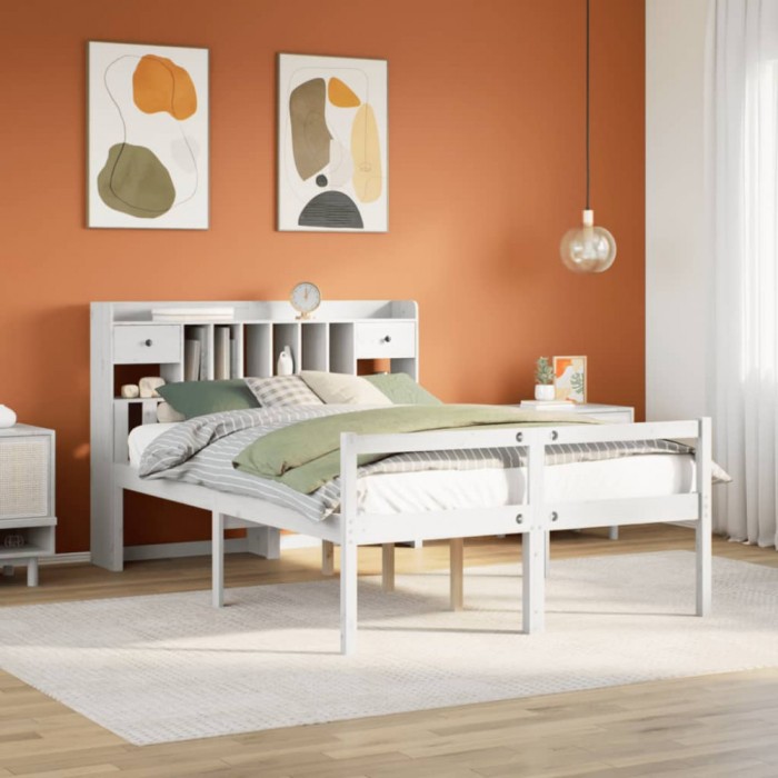 vidaXL Pat cu bibliotecă fără saltea, alb, 150x200 cm, lemn masiv pin 3322058