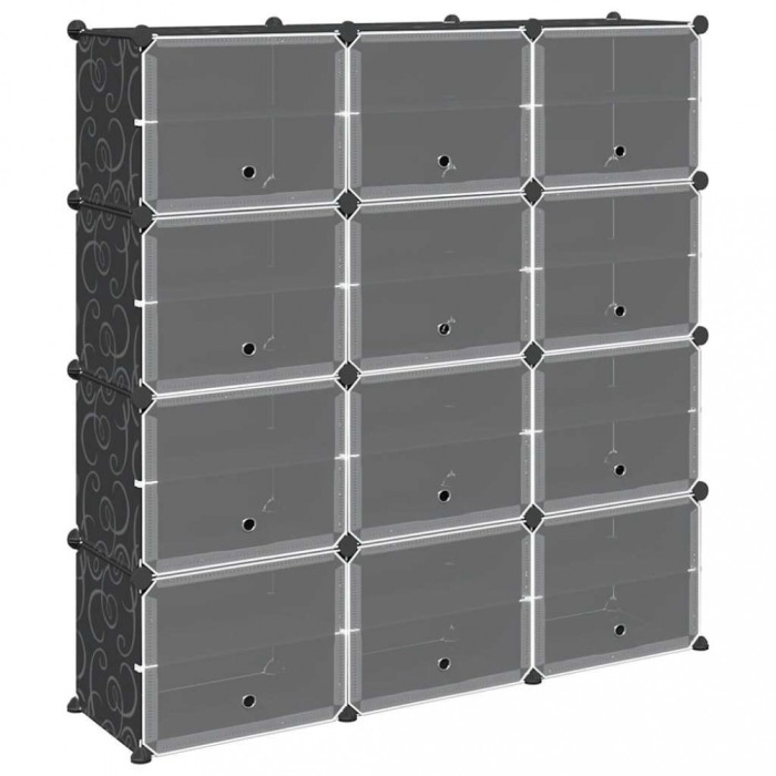 Organizator cub de depozitare cu usi, 12 cuburi, negru, PP