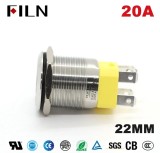 Buton push iluminat fara mentinere (momentary), 20A 12, 24V DC, 22mm, IP68, metalic, LED rosu, 6 pini, FLM22-FJ-6-EX000-S11M5-RED