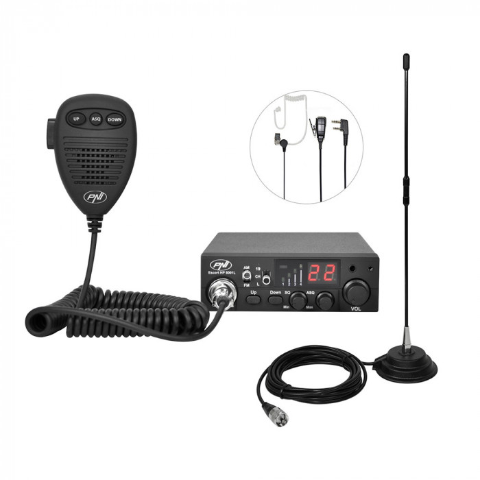 Pachet statie radio CB PNI ESCORT HP 8001L ASQ 4W 12V, 40 canale + Antena CB PNI Extra 40 cu magnet inclus, lungime 45 cm, 30W