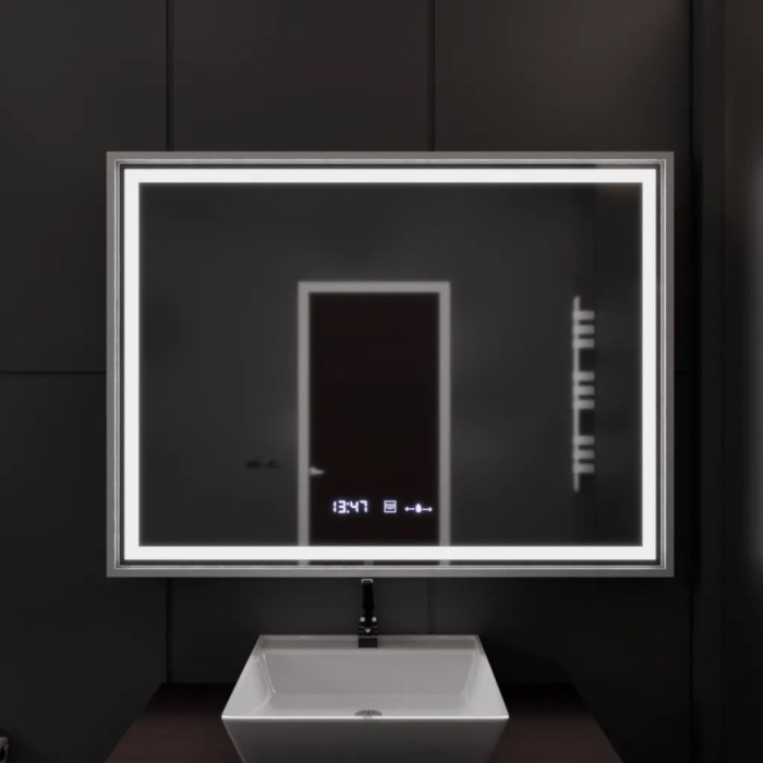 Oglinda LED Rectangulara, 120x80cm, Verite Imperial Silver Motion Glow Marcello, Sistem Dezaburire, Ceas &amp; Termometru, Dimabila ModernLight Concept