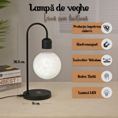 Lampa de Veghe, Luna care Leviteaza si Incarcator Wireless, Control tactil ON/OFF, Sursa de Lumina LED Magnetica, Negru