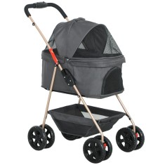 PawHut Cărucior pentru Animale de Companie 3 &icirc;n 1 cu 4 Roți și Geantă de Transport Detașabilă, 76x50x102 cm, Gri | Aosom Romania