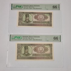 2 BANCNOTE UNC 25 LEI 1966 GRADATE PMG 66 EPQ - SERII CONSECUTIVE foto