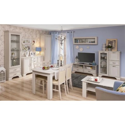 Set living woodline crem Tiffany (Tiffy) 4, format din: vitrina mica, vitrina inalta, dulap, comoda, comoda TV, masuta, raft foto