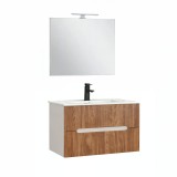 Cumpara ieftin Trent Mobilier de baie 80 cm lavoar ceramic (2 sertare) cu oglindă 60x80 cm stejar alb-sunset