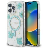 Husa originala Guess iPhone 16 Pro Max Hardcase Resin Flowers and Glitter MagSafe, turcoaz, GUHMP16XRBFGFGMQ
