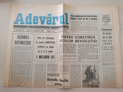 adevarul 10 ianuarie 1990-articole revolutia,cinstirea eroilor revolutiei foto
