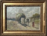 G. Moisiu-"Car tras de boi, cu ţărăncuţă", pictură veche (1907)
