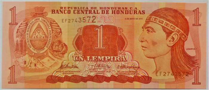 BANCNOTA EXOTICA 1 LEMPIRA - HONDURAS, anul 2010 *cod 493 = UNC